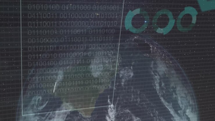 Animation of binary coding and financial data processing over globe