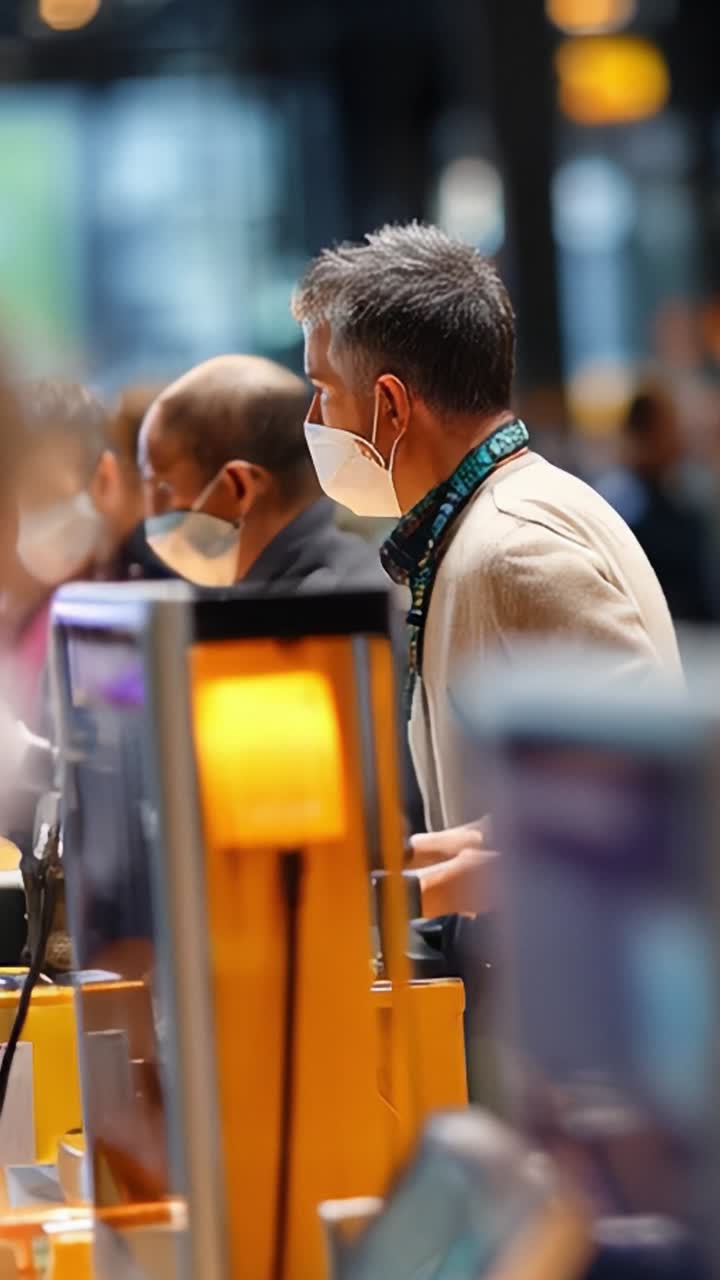 Focused Individuals Engaged in Transactions at a Modern Counter with Safety Masks During Unusual Times, Highlighting Their Interaction and Commitment