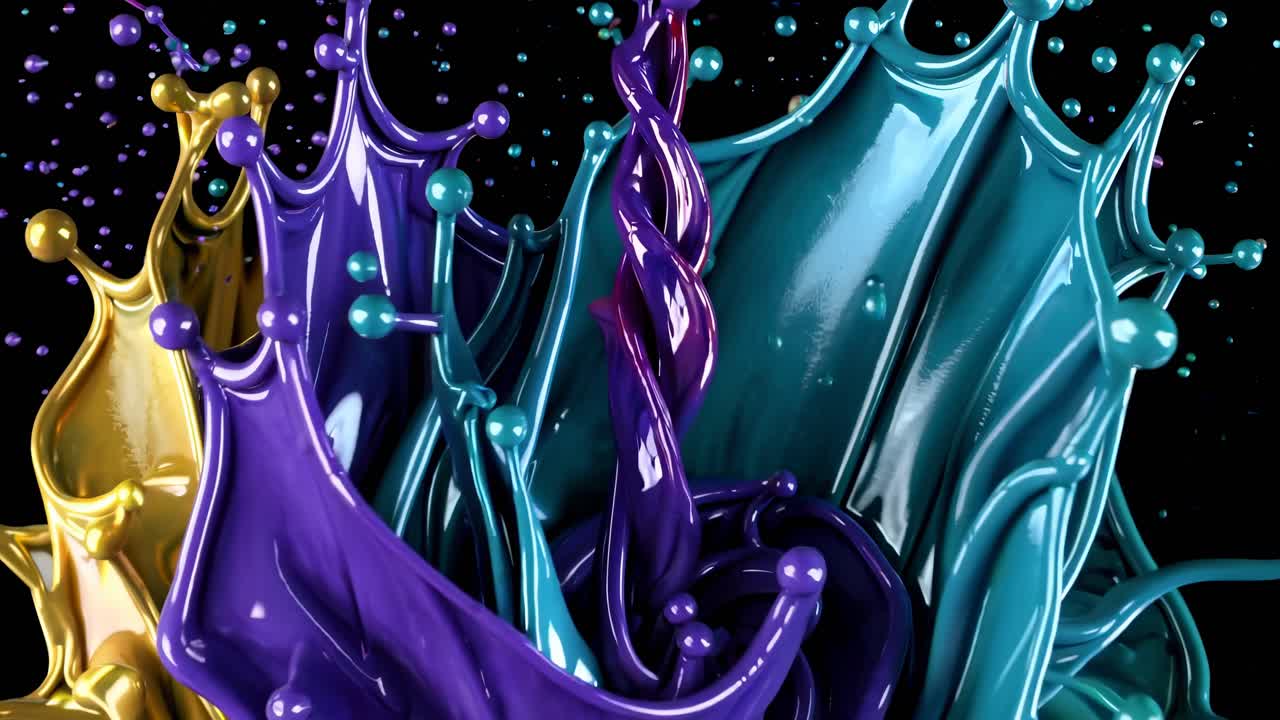 Éclaboussure dynamique de peinture colorée capturée en plein vol depuis une prise de vue en contre-plongée, créant un effet vibrant