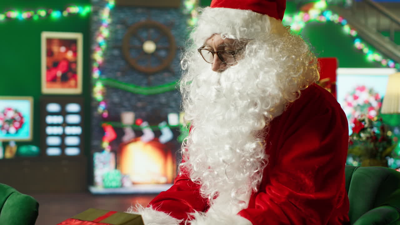 산타클로스가 선물을 열고