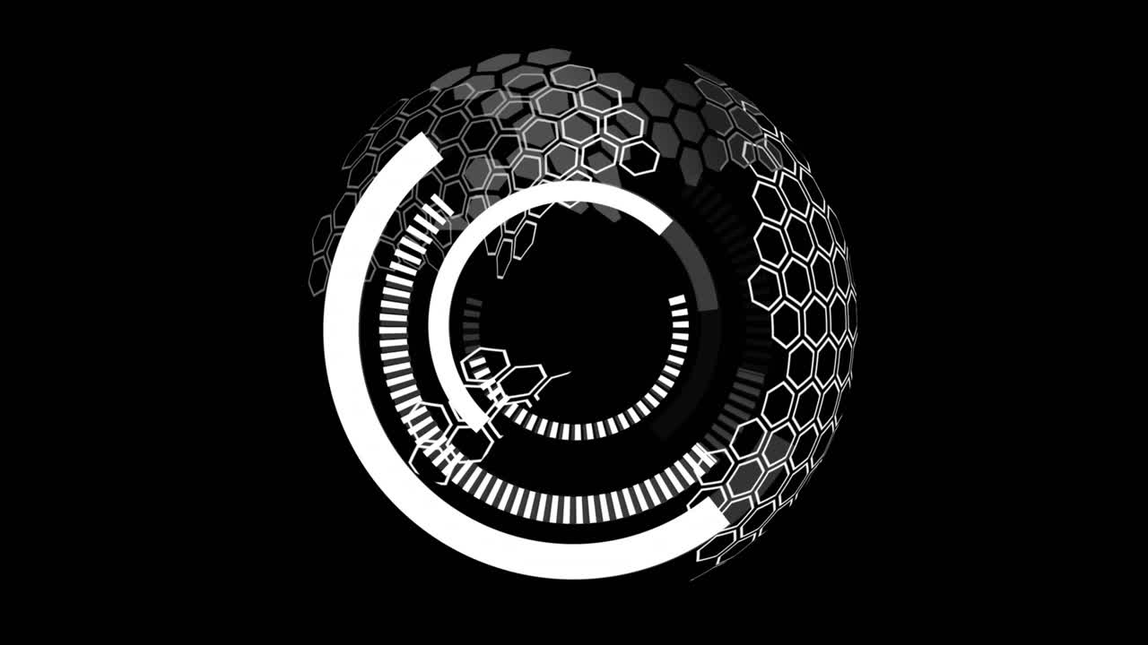 Rings starting rotating, HUD rotating while hex mesh growing and wrapping, visualizing system