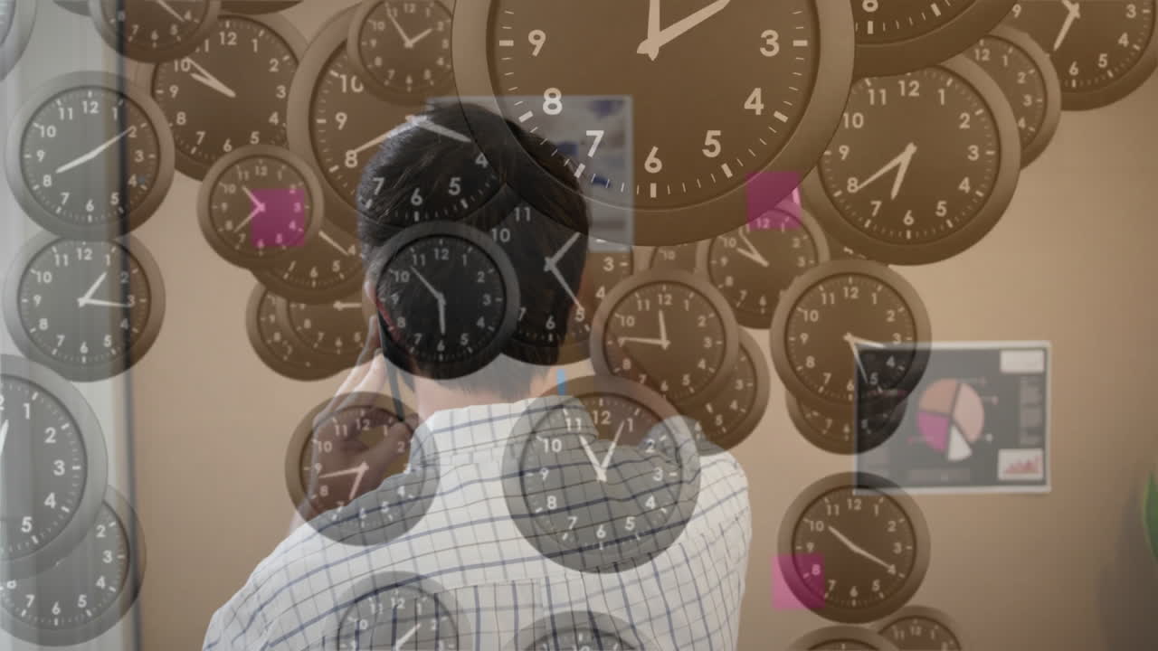 relojes que muestran diferentes horas animación sobre el hombre ajustando el termostato