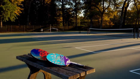 empty outdoor tennis/paddle court at sunset