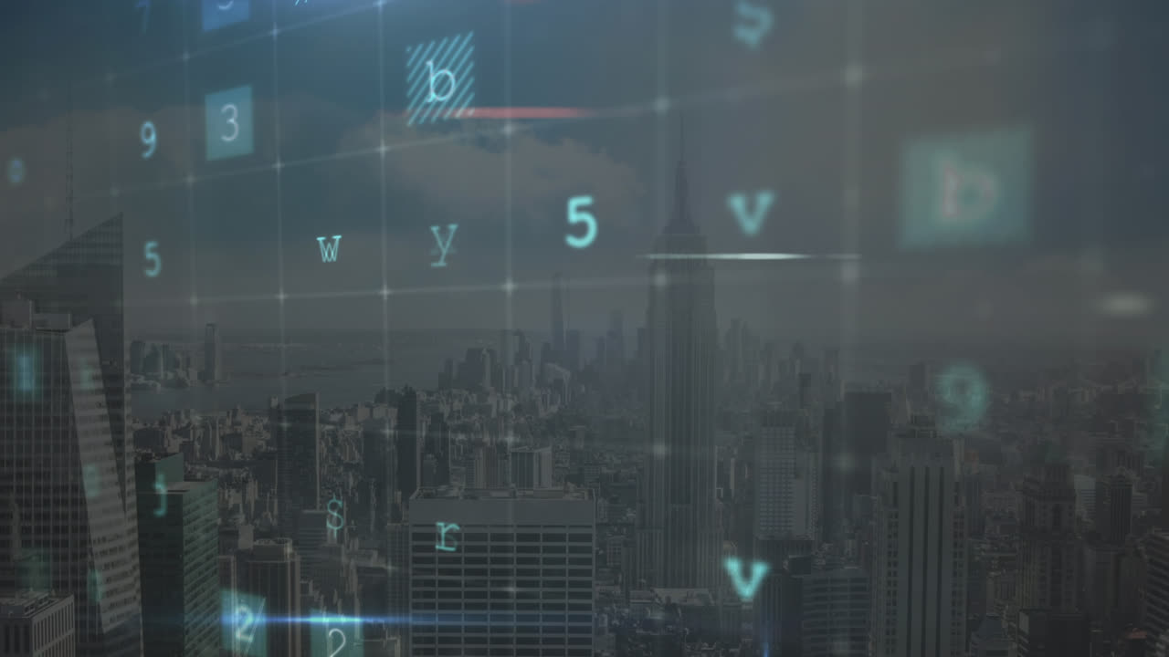 Animation of cyber attack warning over cityscape