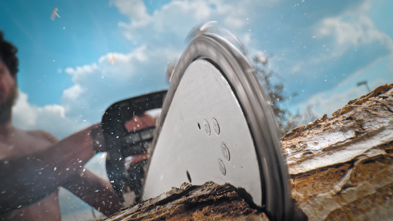 Worker Cutting a Felled Tree with a Chainsaw, Wood Shavings Fly from under the Saw Teeth in Slow Motion, Blue Sky in the Background