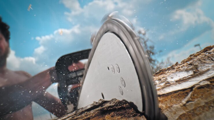 Worker Cutting a Felled Tree with a Chainsaw, Wood Shavings Fly from under the Saw Teeth in Slow Motion, Blue Sky in the Background