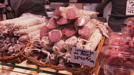 pages sausages on the counter of a market stall in valencia, spain