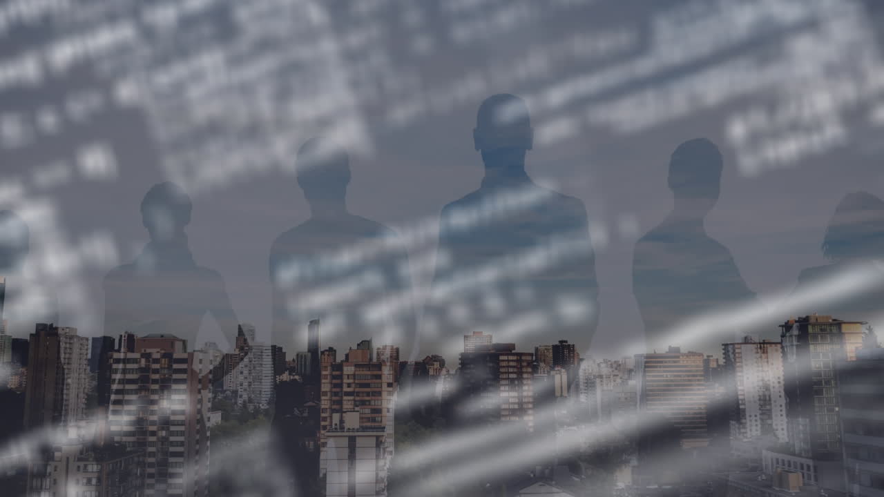 Animazione di elaborazione dati e persone d'affari su paesaggio urbano
