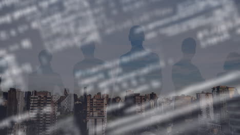 animazione dell'elaborazione dei dati e degli uomini d'affari sul paesaggio urbano