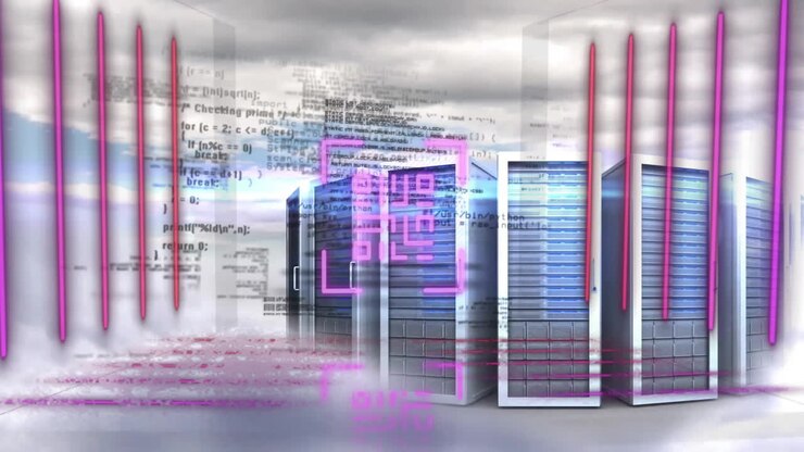 In cloud environment, futuristic digital code and interface elements on data servers