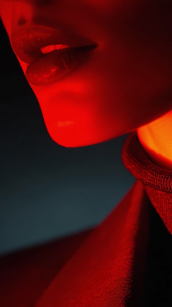 Primo piano accattivante: labbro lucido e guancia morbida sotto illuminazione rossa drammatica, che mostra il fascino e l'eleganza dell'estetica della bellezza moderna.