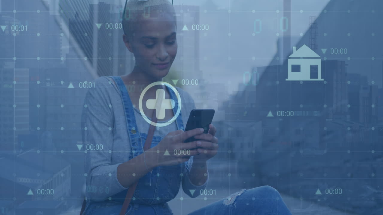 animación del procesamiento de datos financieros sobre una mujer de negocios biracial que usa un teléfono inteligente