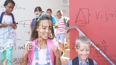 Animation-of-math-formulas-over-diverse-pupils-walking-on-school-corridor