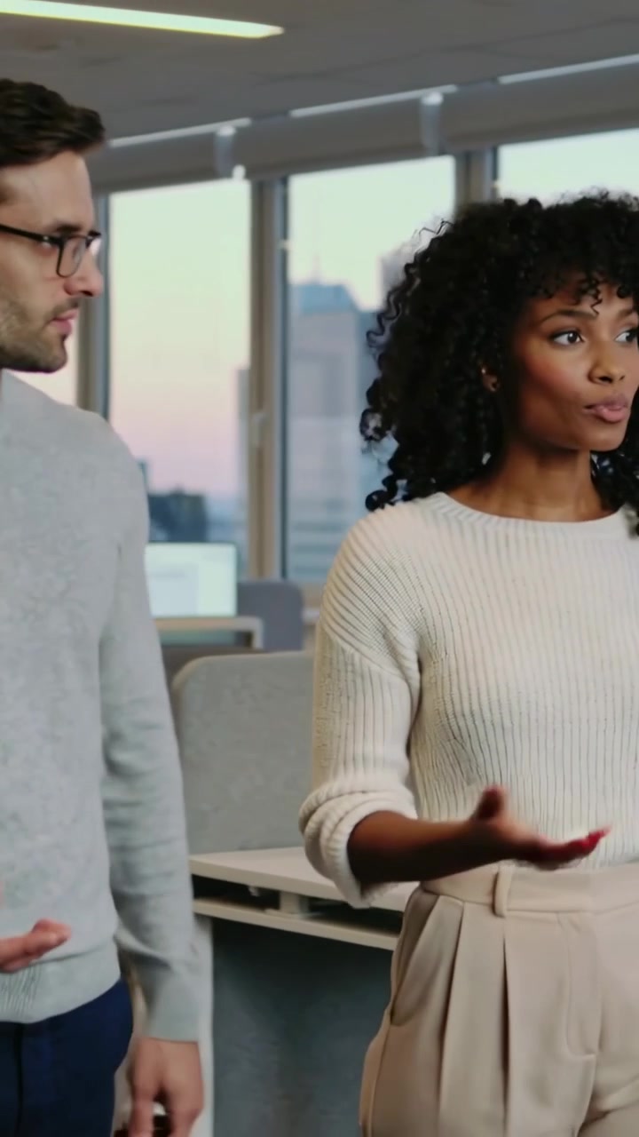 Vertical video: Talking man and woman wearing sweaters walking and planning work near office desks