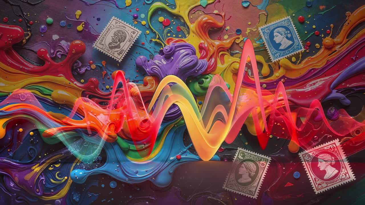 Vibrant Abstract Art with Glowing Waveform and Vintage Stamps