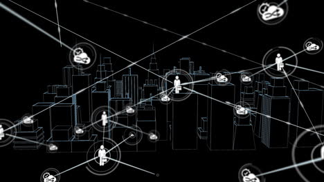animation of network of connections with icons over 3d city drawing