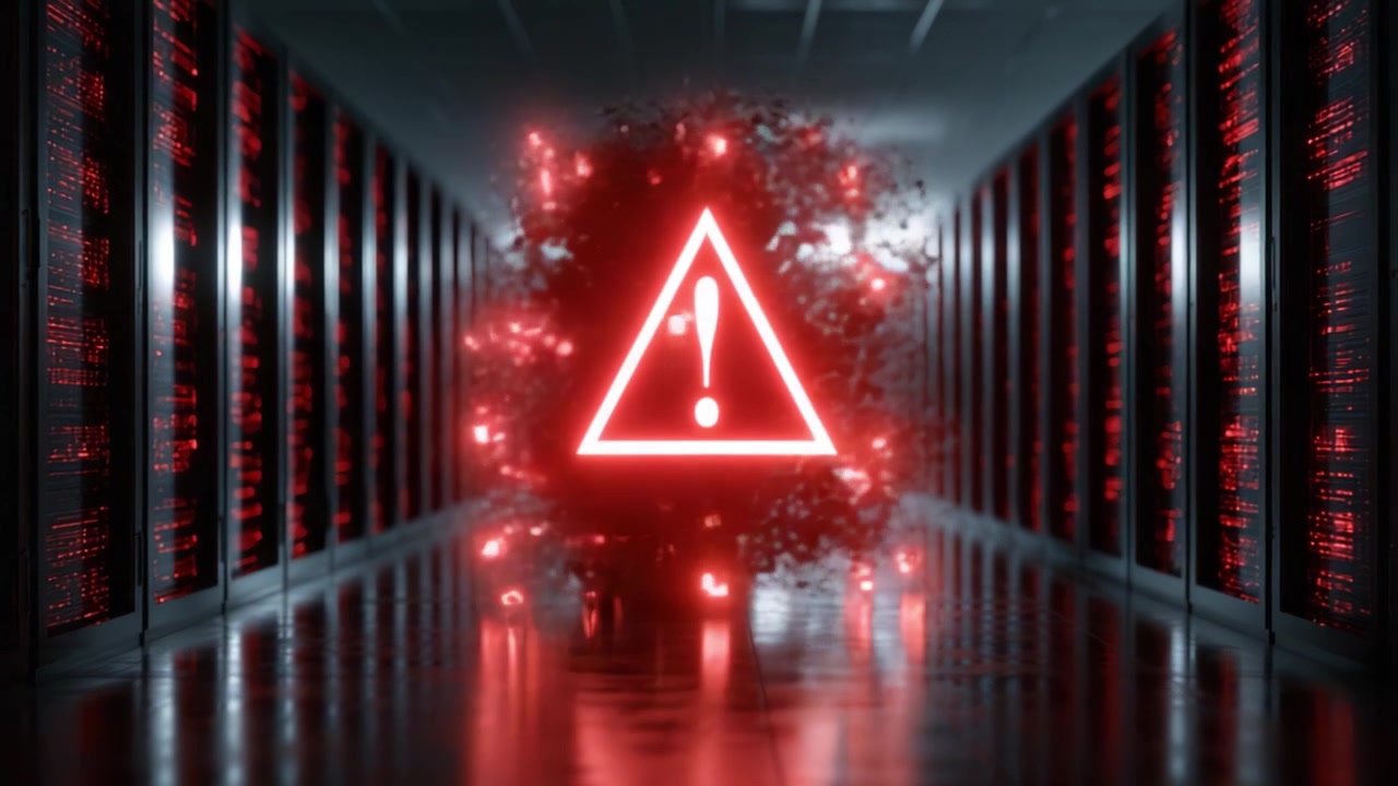 A Red Dangerous Warning Sign Erupting in a Server Room, Symbolizing Data Breach Risks and Alerting Administrators Amidst a Technological Crisis.