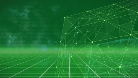 animation of globe of network of connections over grid network against green background