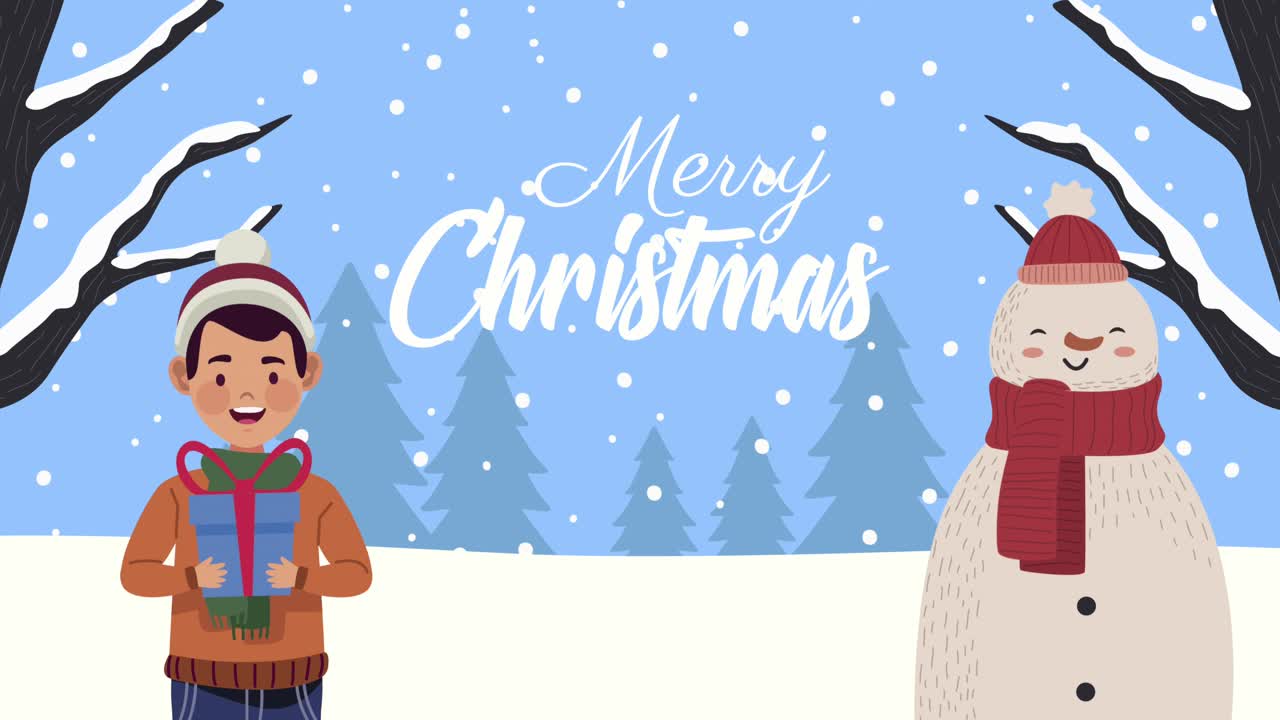 mery christmas lettering with man and snowman animation