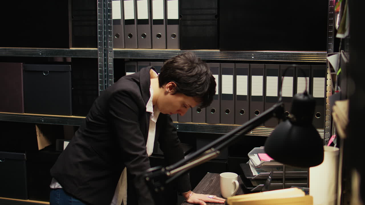 Woman working in a cluttered office