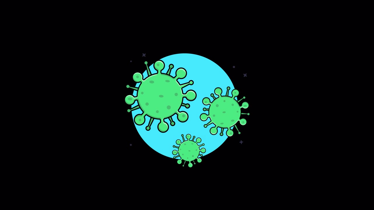 Particelle di virus verdi animate su cerchio blu
