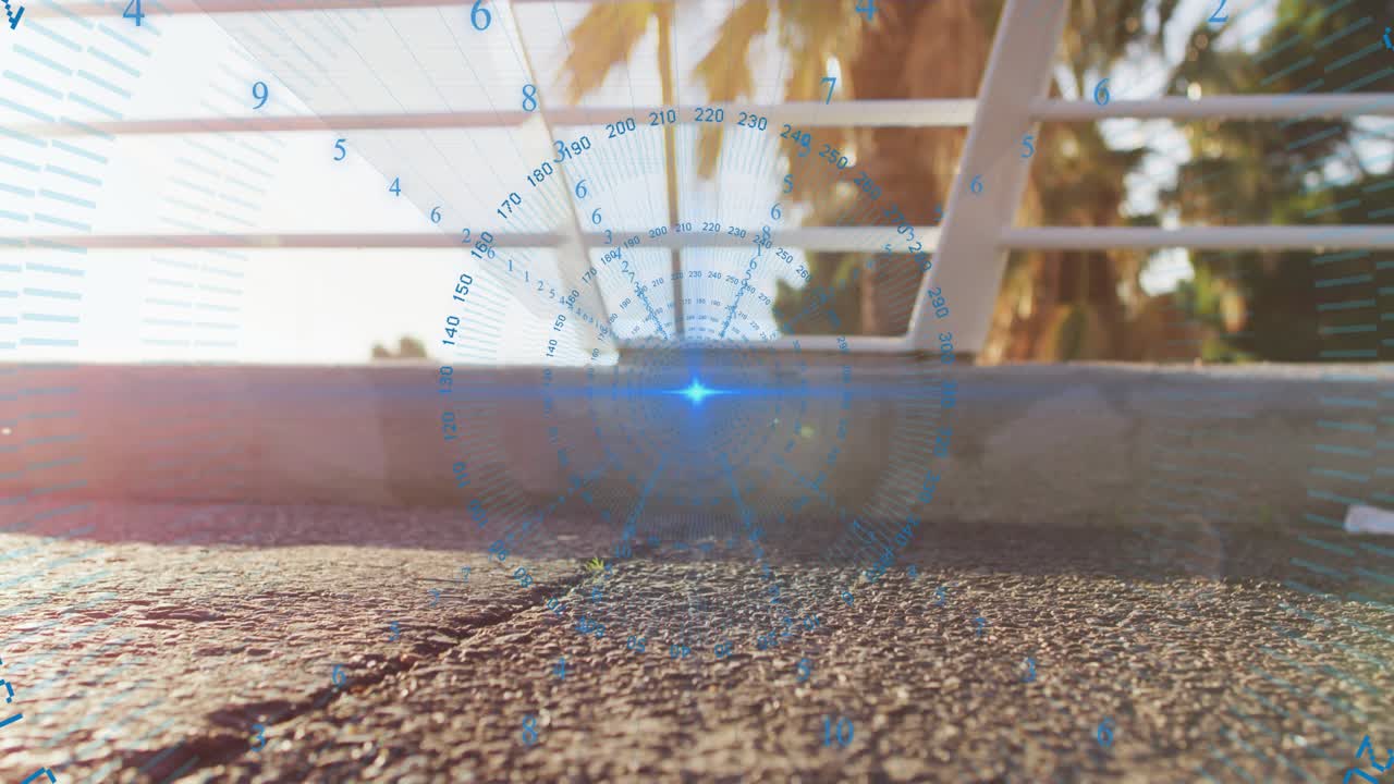 Male runner stepping into frame, jogging on bridge, foot activating fitness HUD and displaying pace
