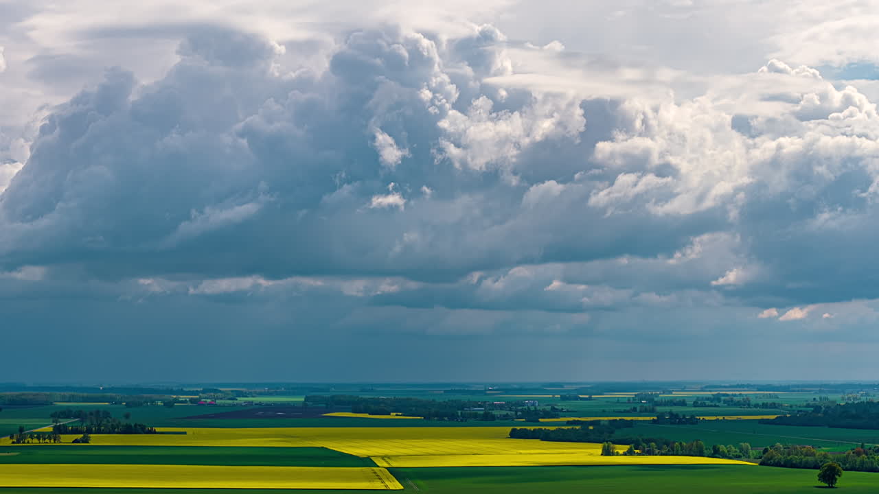 Gathering cloudscape time lapse over crops of rapeseed and farmland fields in Latvia - aerial time lapse