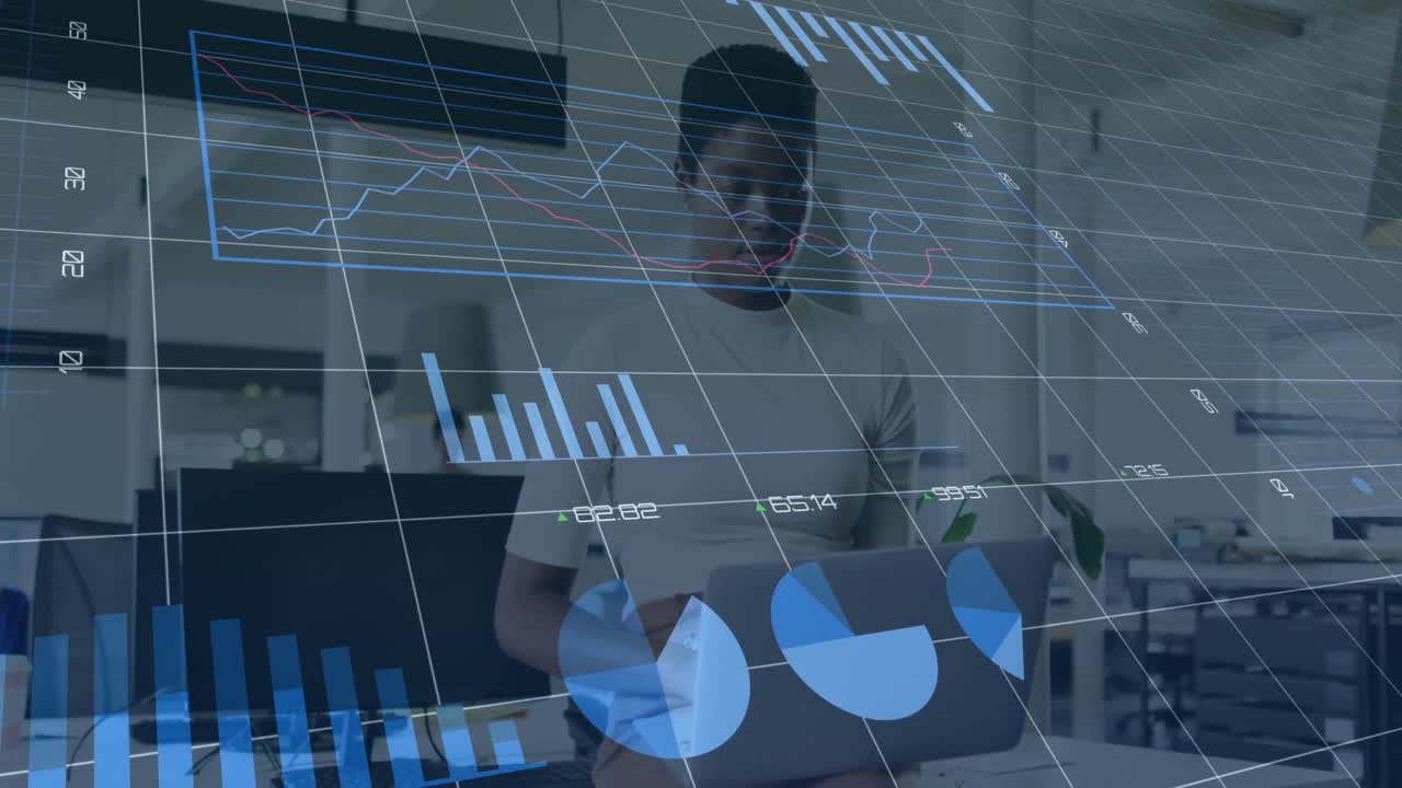 Animation of financial data and graphs over african american woman with laptop in office