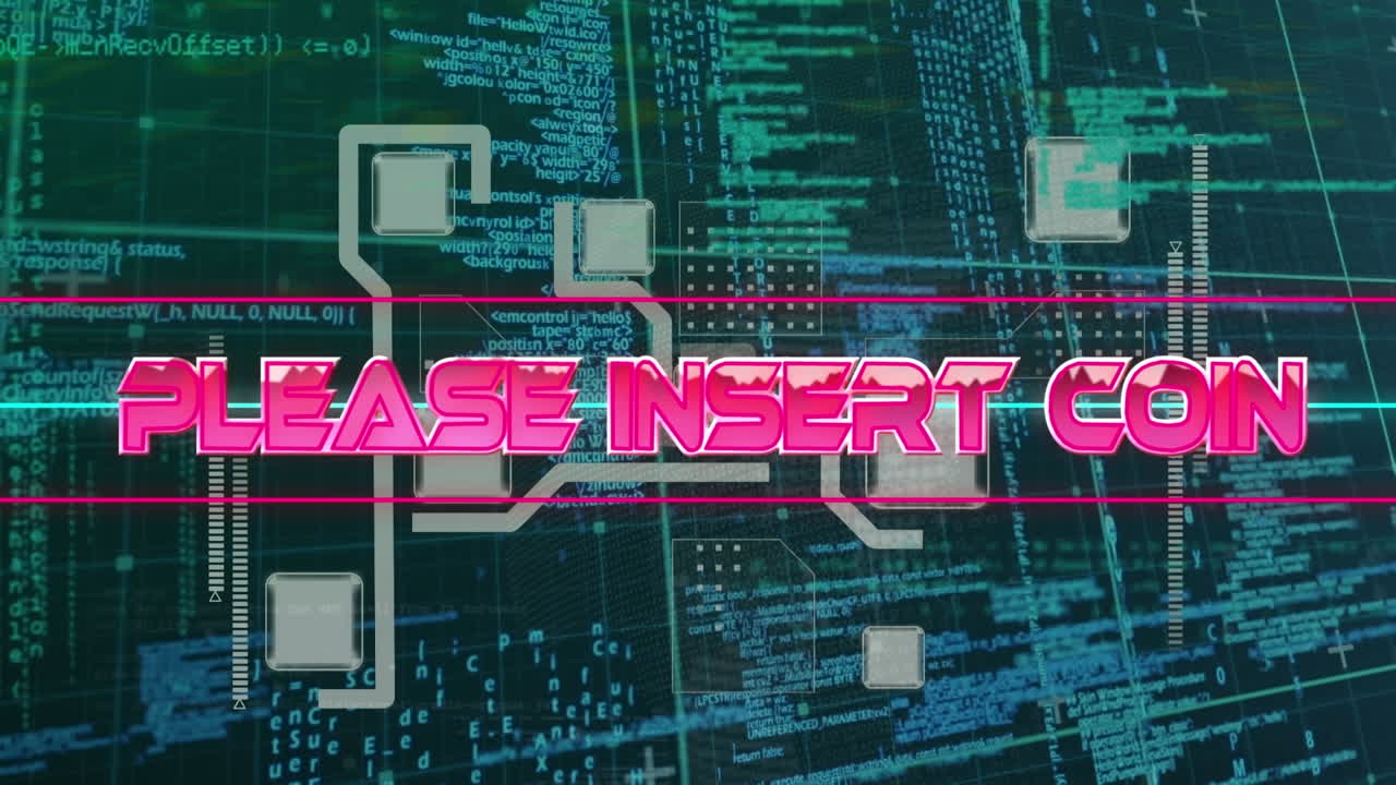 마이크로프로세서 연결에 대항하여 네온 배너 위의 시작 텍스트의 디지털 애니메이션