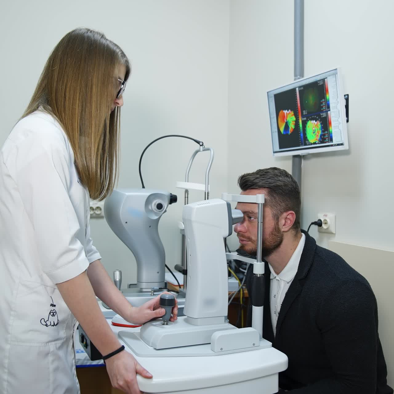 Handsome man checking his eyes in clinic. Young female doctor checking eyesight of a patient with a modern ophthalmology machine
