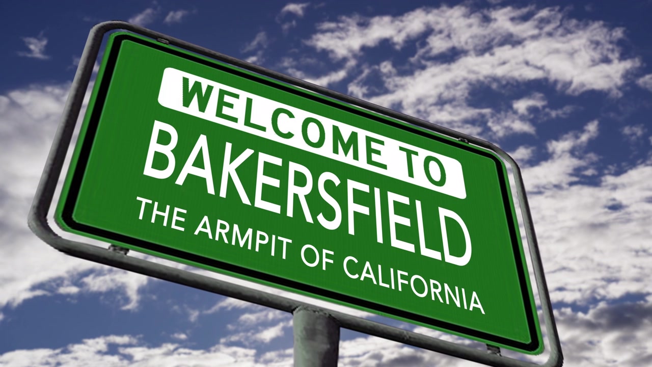 Willkommen in Bakersfield, der „Achselhöhle Kaliforniens“. US-Stadtschild Nahaufnahme, realistische 3D-Animation.
