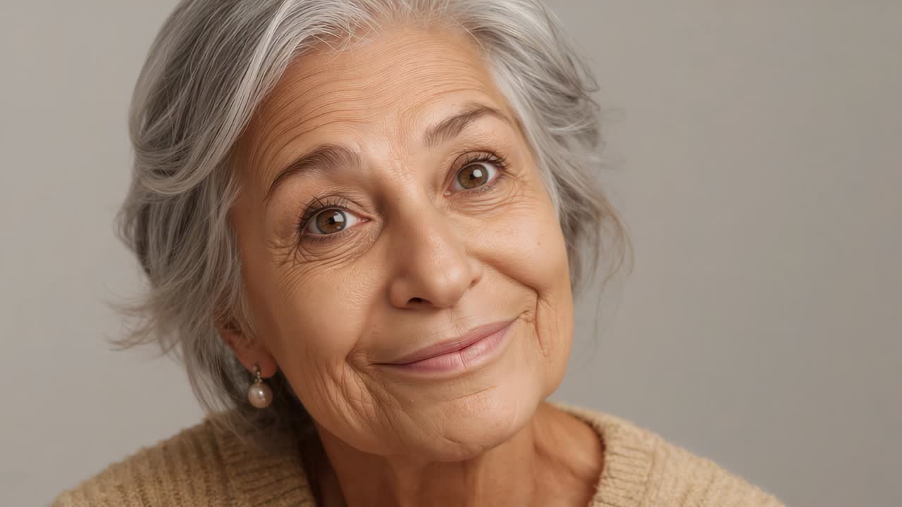 Camera rolling, senior woman widening closed to toothy grin in studio, pearls, beige knit engaging