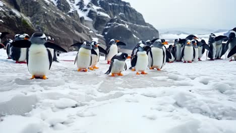 a group of penguins standing on top of a snow covered ground