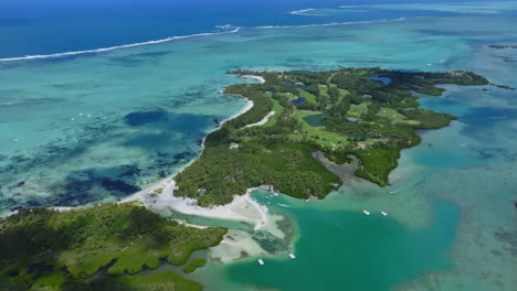 aerial drone view of ile aux cerfs, flacq, mauritius island, indian ocean