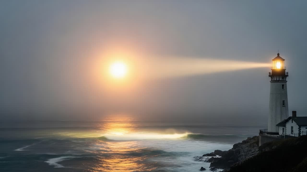 A Mystical Lighthouse Illuminating the Sea at Dusk with a Soft Fading Sun, Surrounded by Mist and Gentle Waves Creating a Peaceful Coastal Scene