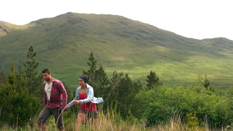 Couple-walking-hand-in-hand-though-the-countryside