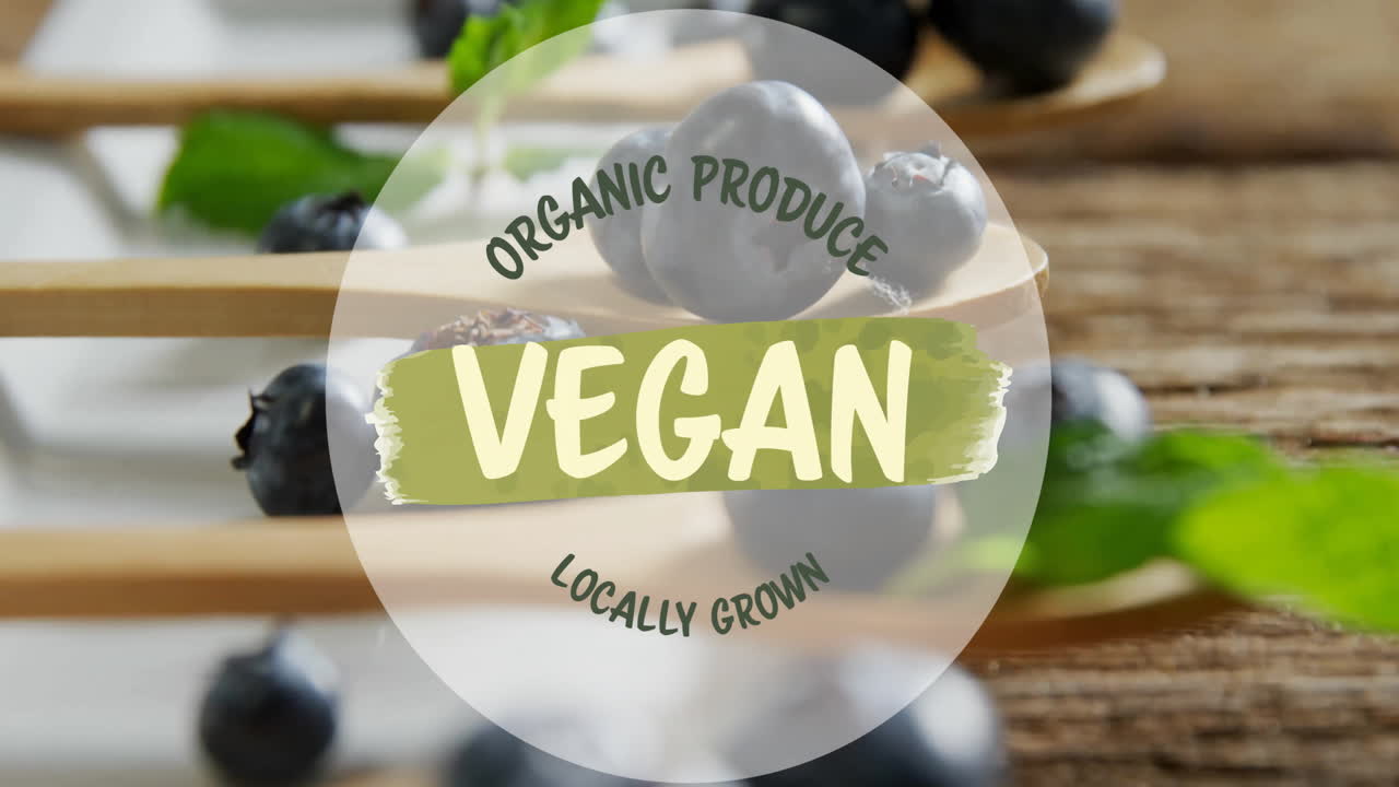 Animation of organic produce vegan locally grown text over blueberries