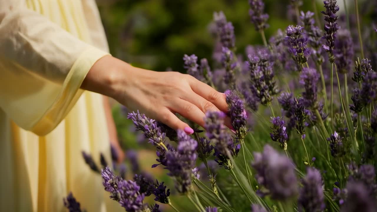 Mano che entra, donna che infila il braccio in un filare di lavanda, che sente i boccioli con le unghie, vestito, spazio per il testo