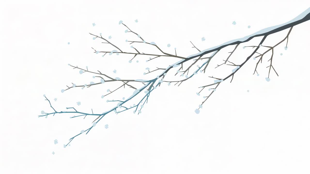 Animating bare tree branch forming snow beads while snow falling across teal sky, with tiny flakes