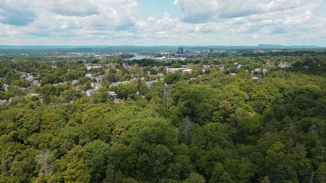 a beautiful drone shot of a green forest near a city that has a lake in the middle