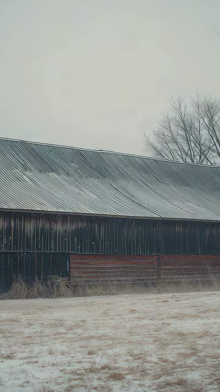 Vertical video: Holding camera large wooden barn occupying center of rural field, showing bare tree
