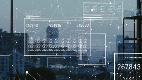 Animation of interface with data processing and network of connections against view of cityscape