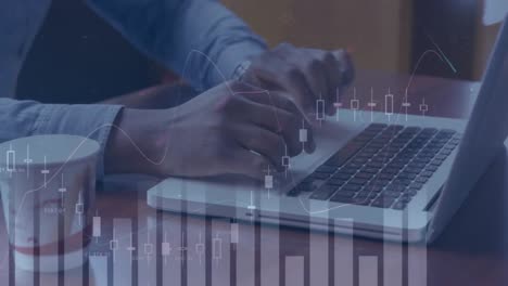 animation of statistics processing over businessman using laptop
