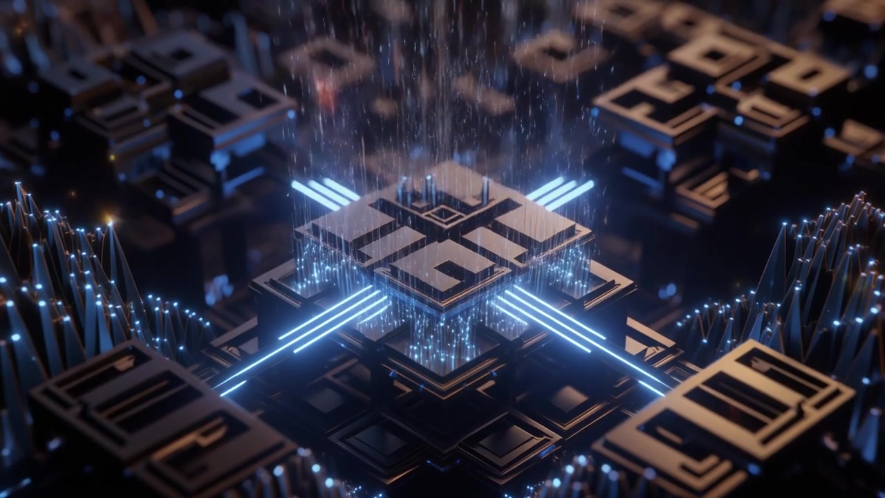 Abstract Digital Processor Processing Data with Glowing Blue Light Particles