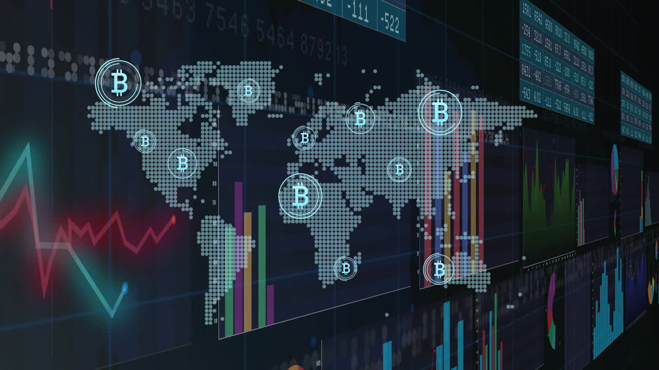 Animation of digital data processing over bitcoin icons and world map
