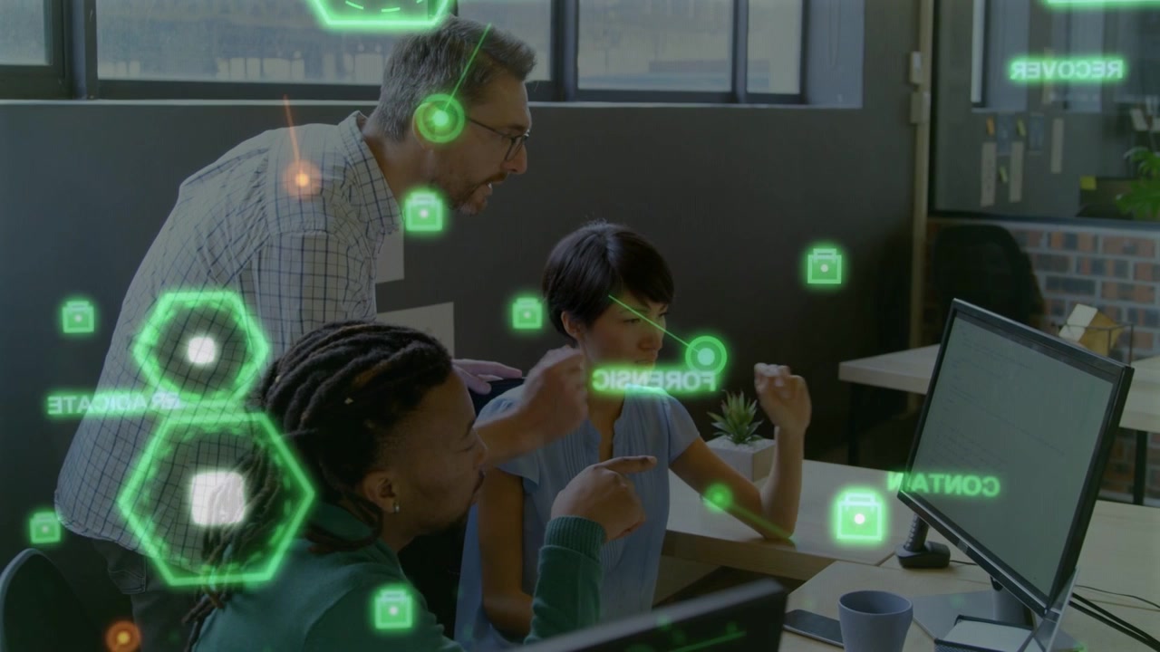 Left coworker pointing prompts lead leaning, pointing, AR icons marking screen for business review