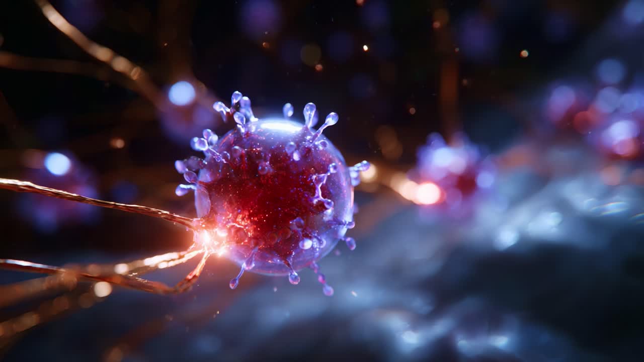 A Stunning Close-Up of a Vibrant Virus with Glowing Properties, Showcasing Intricate Details and Dynamic Form in a Sci-Fi Inspired Environment
