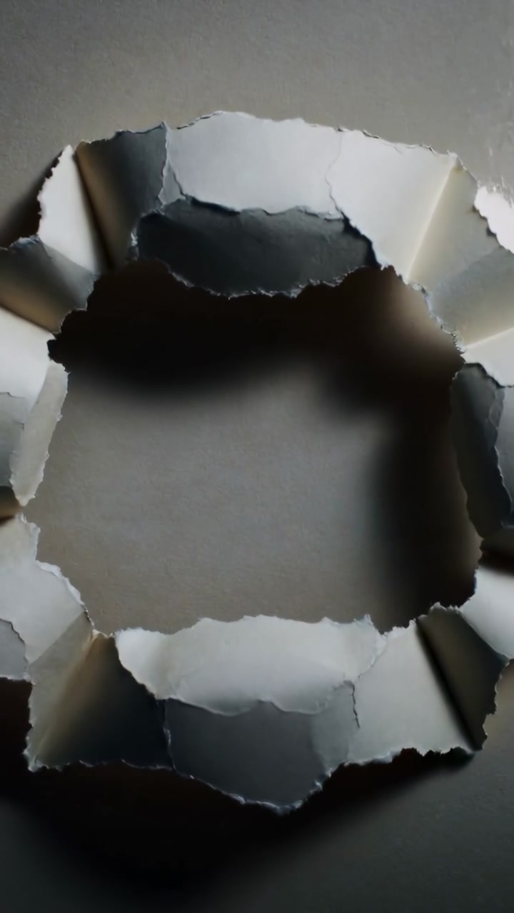 Vertical video: Showing torn white paper reshaping central tear on dark table, with flaps and glint