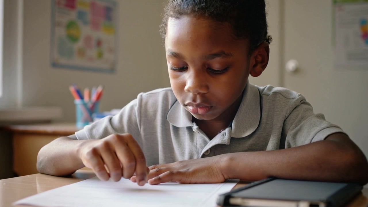 Placing finger boy wearing gray-polo tracing words and reading on paper at school desk, tablet near