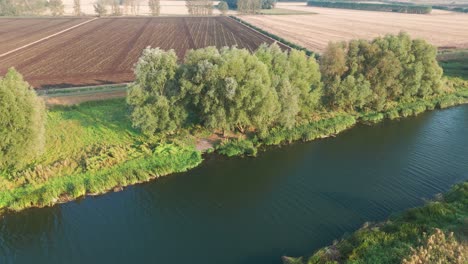aerial view of a tranquil river scene with lush vegetation